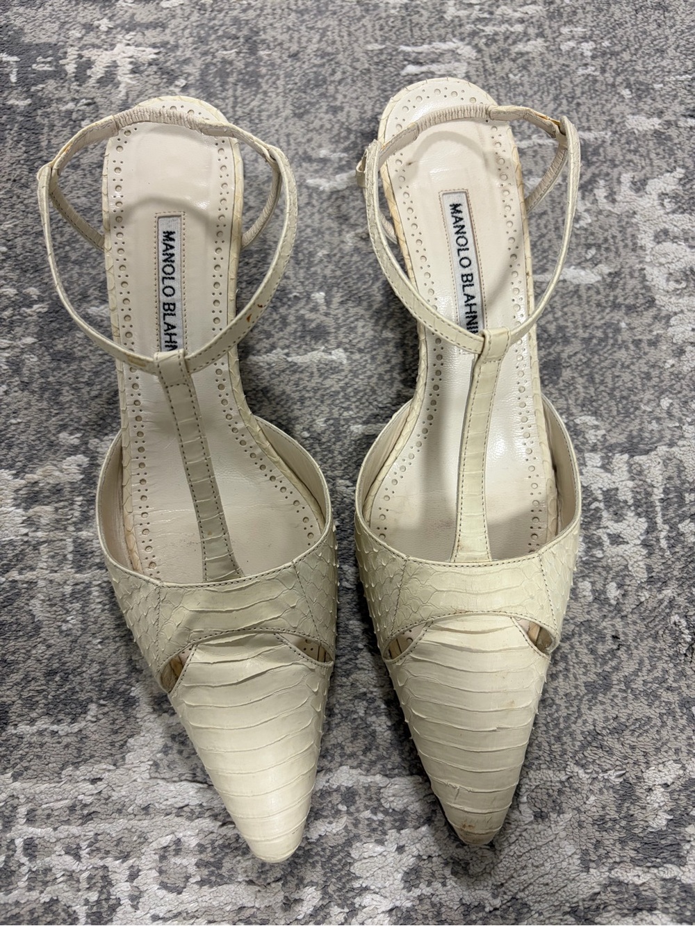 Manolo Blahnik Ivory Textured Pointed-Toe T-Strap Heels